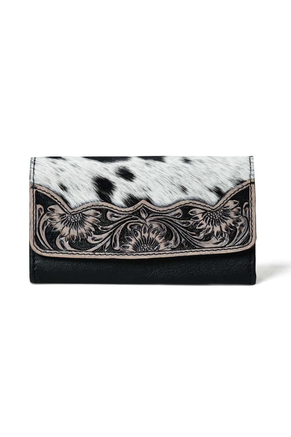 Sundown Stash Tooled Leather Cowhide Hair On Trifold Wallet for Women RFID Blocking Wallet A101