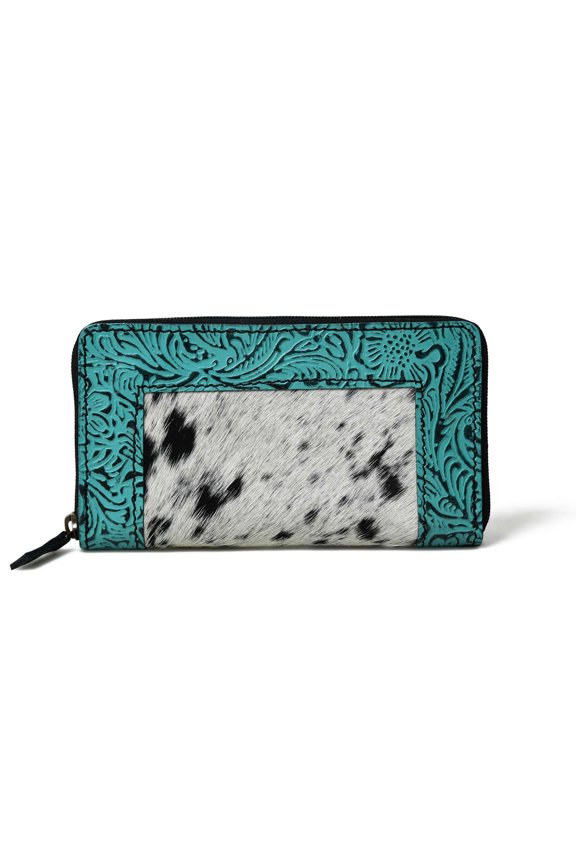 Trifold Turquoise Cowhide Hair On and Tooled Leather Wallet - Handcrafted with Multiple Card Slots and Compartments A101