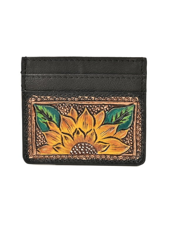 Vegetable Tanned Leather Western Card Holder, Handcrafted Cowboy Floral Design, Minimalist Credit & ID Wallet