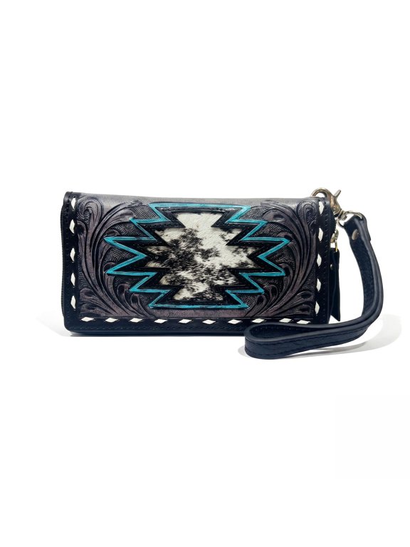 Western Leather Wallet for Women, Hair-On Vegetable Tanned Leather Wristlet Purse, Slim Organizer with Card Slots, Zip Coin Pocket & Magnetic Closure, Black