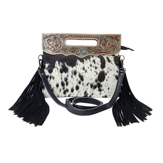 Merbaa Women Natural Cowhide Leather Hand tooled Crossbody Sling Bag With Adjustable Detachable Strap and side fringes Shoulder Bag, Handbag