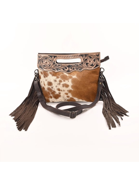Women's Cowhide Leather Crossbody Sling Bag – Hand-Tooled Western Purse with Adjustable Strap, Fringe Sides, Cutout Handle – Boho Shoulder Bag, Handmade Vintage Style Handbag
