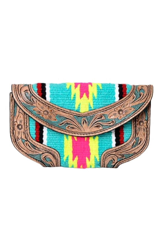 Women's Cowhide Tooled Leather and Aztec Saddle Blanket Western Handmade Clutch Trifold Wallet A101
