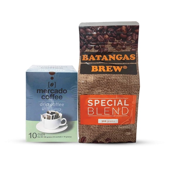Mercado Drip Coffee Bundle with Batangas Brew Special Blend Ground Coffee, 300g Pack, Single-Serve Drip Bags and Fresh Brew Packets