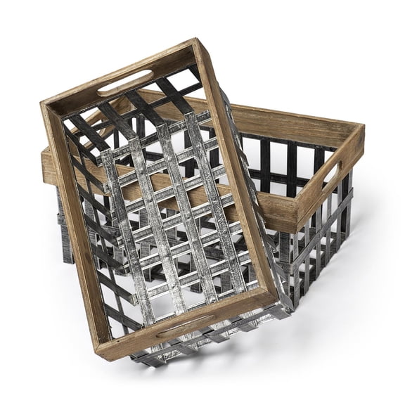 Mercana Chartrand Set of 2 Open Crate Style Brown Wood/Metal Baskets