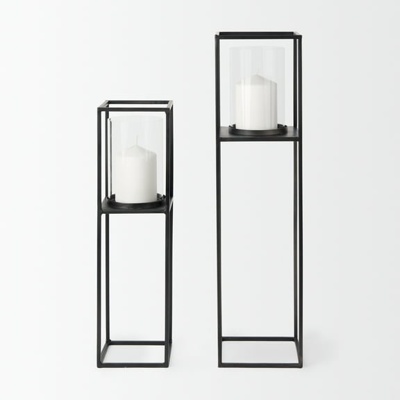 Mercana Cindy Matte Black Metal Glass Pillar Tabletop Candle Holders in Set Of 2