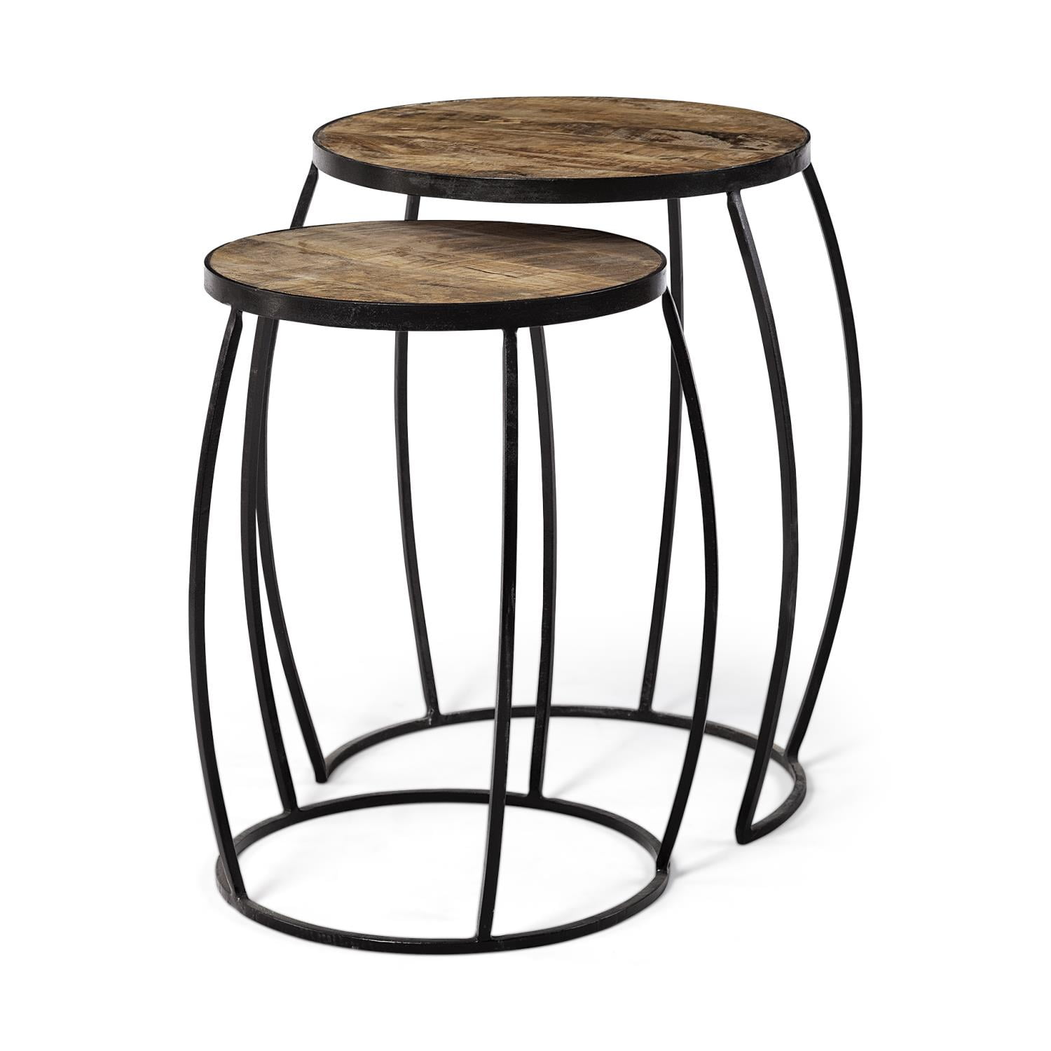 Medium Brown Round Mango Wood and Black Iron Nesting Accent Tables Set