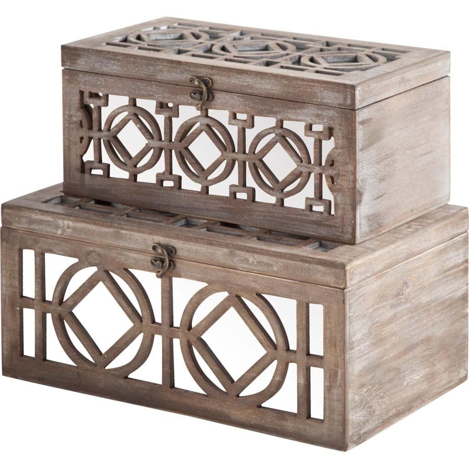 Mercana Estooki Decorative Wooden Box Set Of 2 - 7x16x10 Inches, Natural Finish With Mirror Inlay