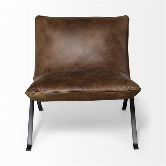 Mercana Flavelle I Brown Leather Cushion Seat & Solid Iron Base Accent Chair