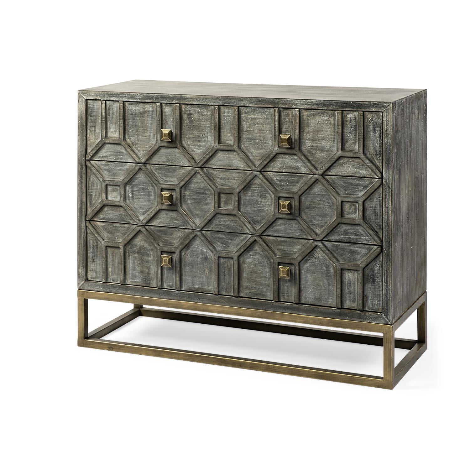 Genevieve Light Gray Wood and Antique Brass 3-Drawer Cabinet