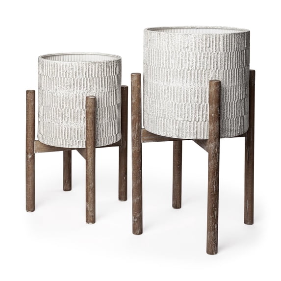 Mercana Groot Metal Wood Base Plant Stands in Eggshell White (Set of 2)