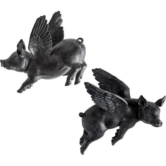 Mercana Hogbadi Set of 2 Black Resin Flying Pigs