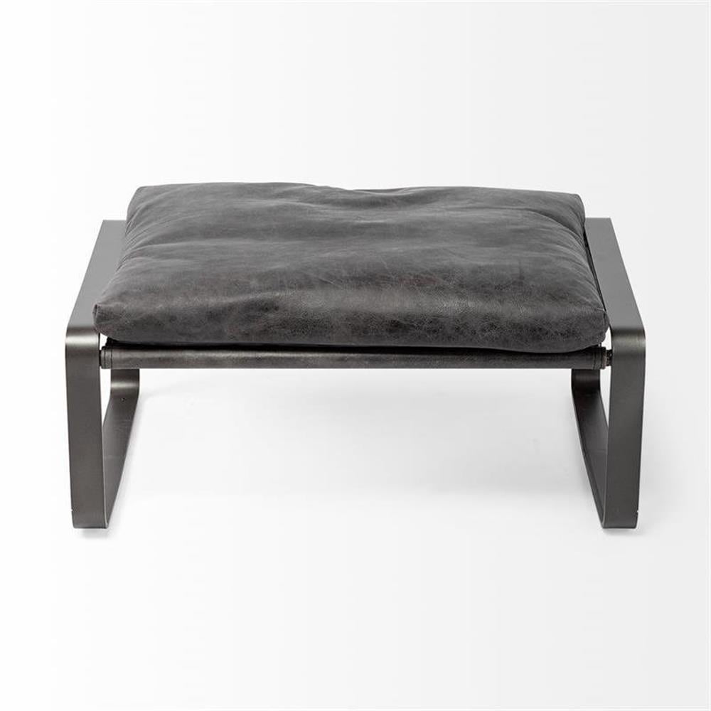 Hornet II 14"H Black Leather and Dark-Brown Iron Base Footstool