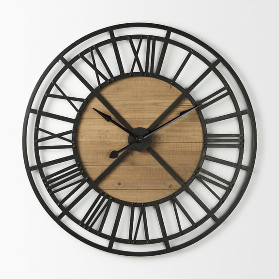 Mercana Lewiston 42.1L X 2.6W X 42.1H Black Iron W/Wood Round Wall Clock