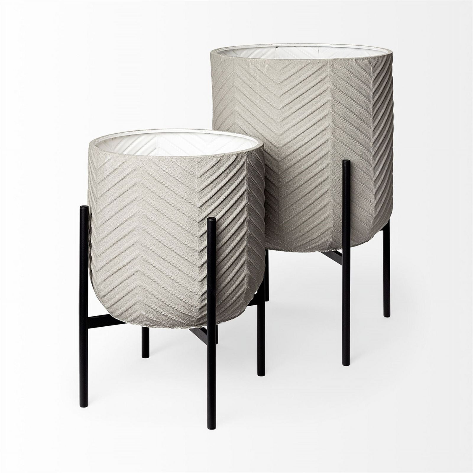 Set of Two Eggshell Ceramic Planters with Black Iron Base