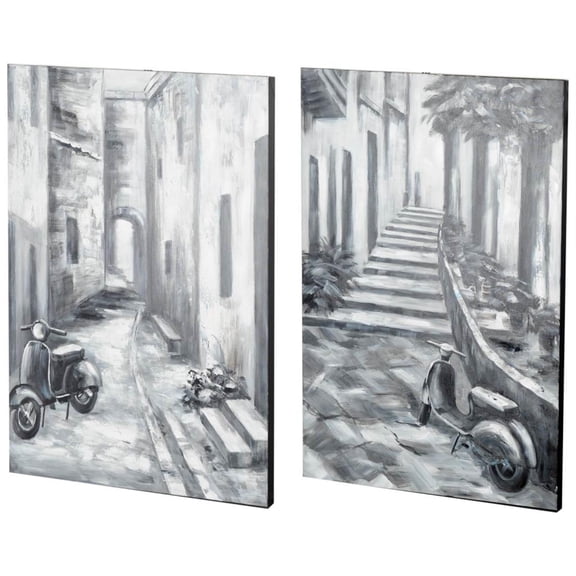 Mercana Memory Lanes Diptych Italian Laneway On Canvas Oil Painting in Gray