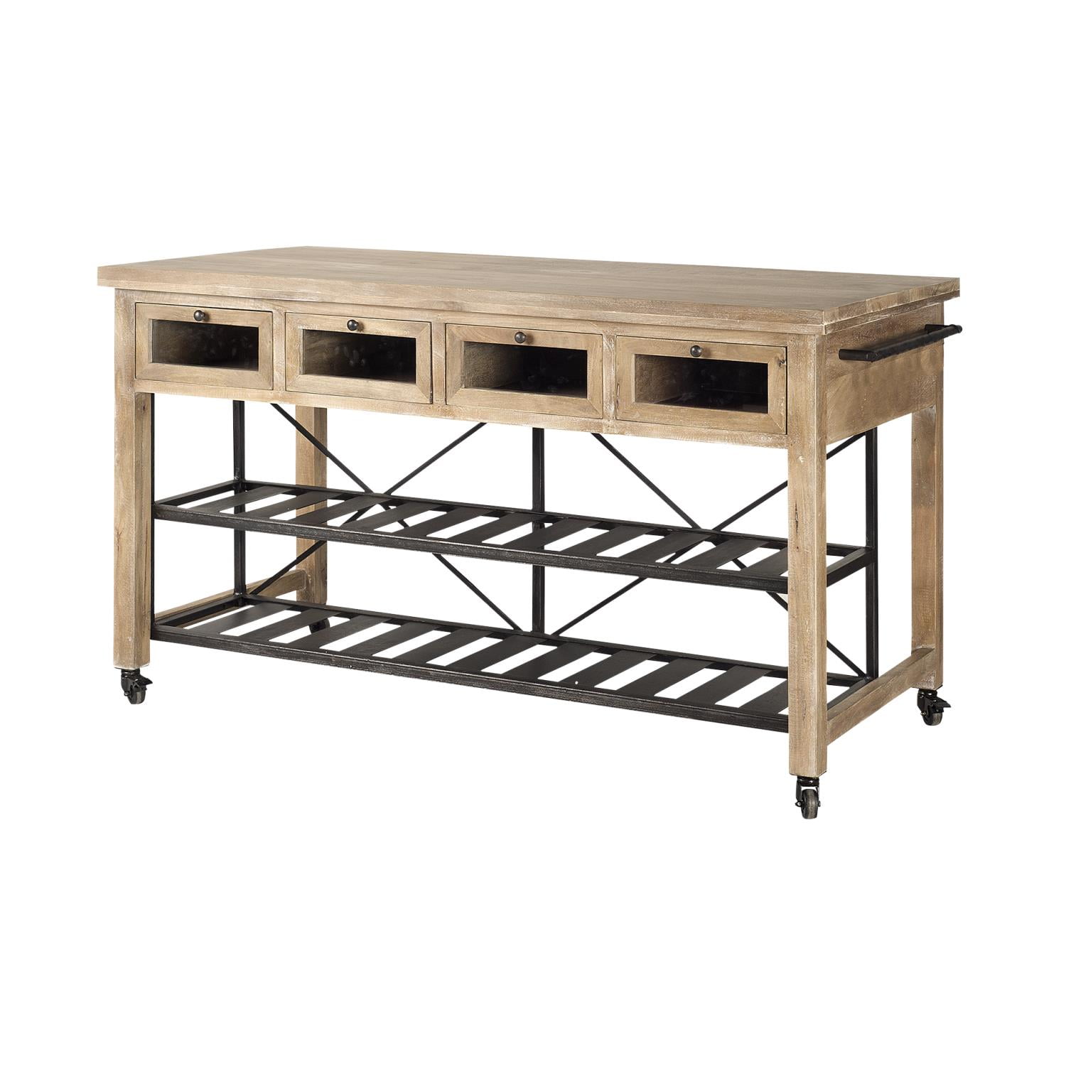 Mercana Stuart I Solid Wood Two-Tier Metal Rolling Kitchen Island in Brown