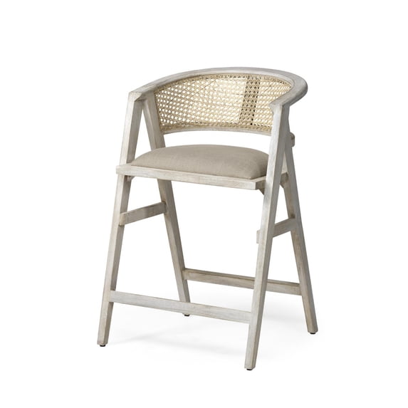 Mercana Tabitha 26.75" Cream Fabric/Rattan Seat Beige Wood Counter Stool