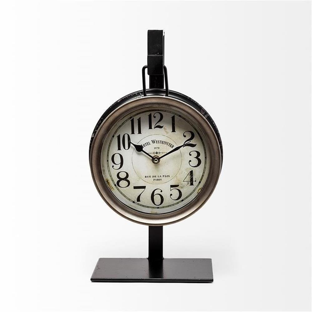 Vintage Black and Brown Metal Table Clock with Quartz Movement