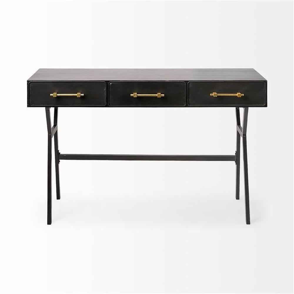 Vince Matte Black 3-Drawer Metal Writing Desk with Iron Base