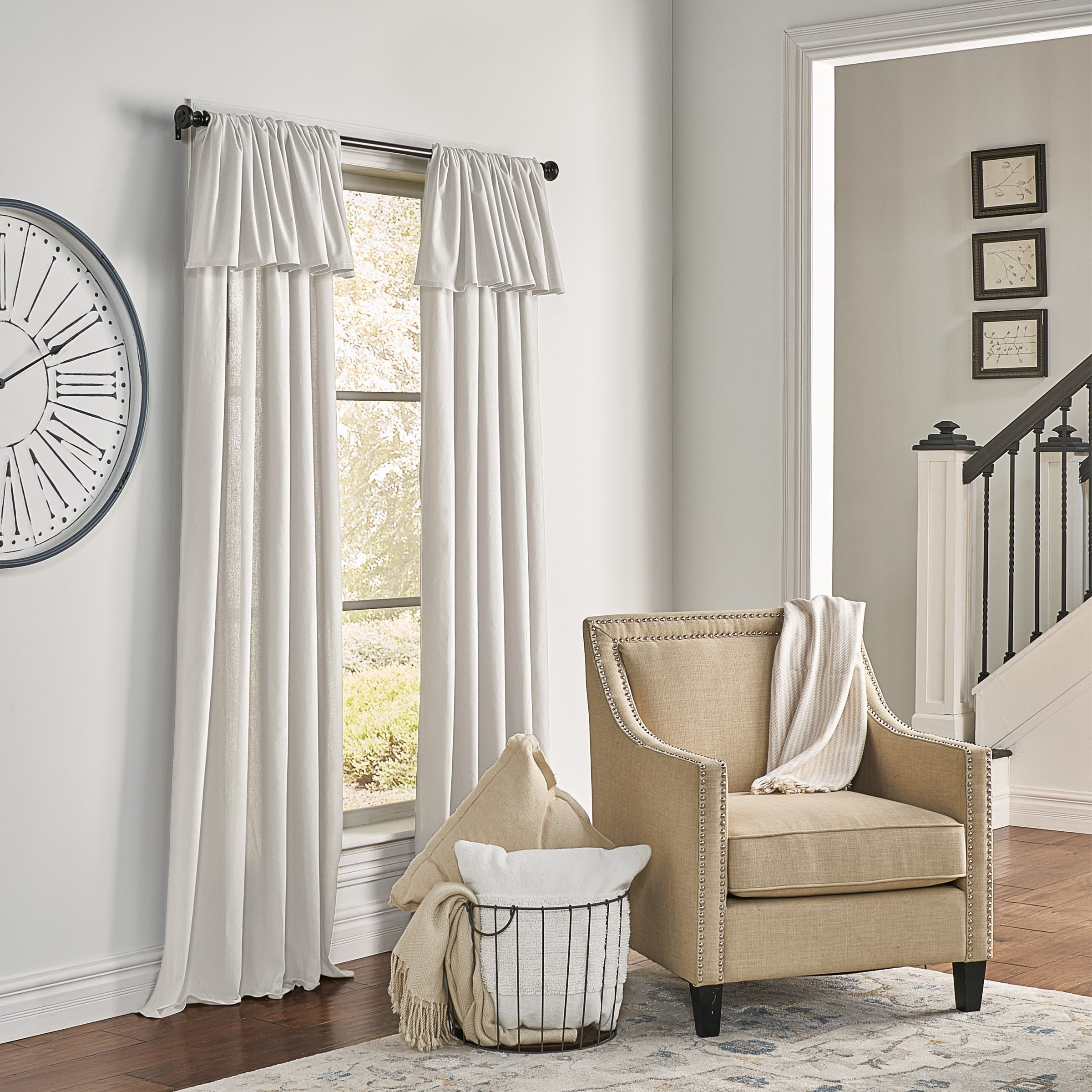 Off-White Cotton Light-Filtering Rod Pocket Curtain Panel with Valance