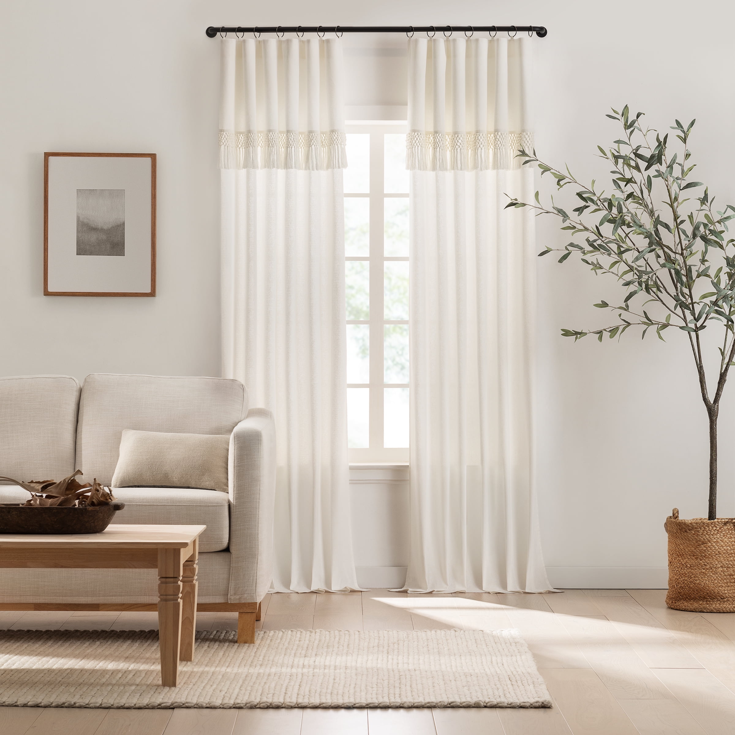 Mercantile Lucinda Drop Cloth Curtain With Fringe 50 x 95 Valance in Off White