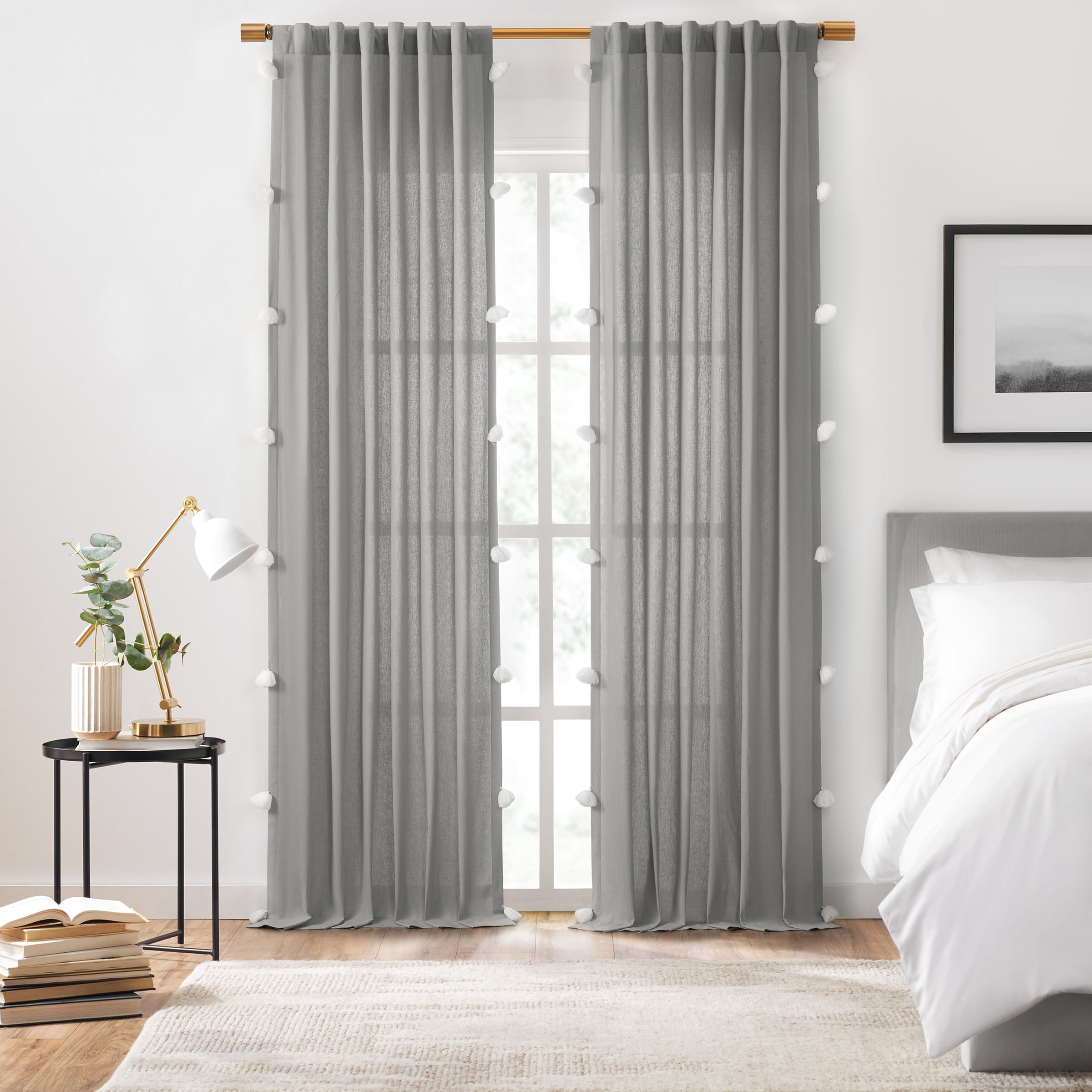 Gray Cotton Light Filtering Pom Pom Curtain Panel, 50 x 84