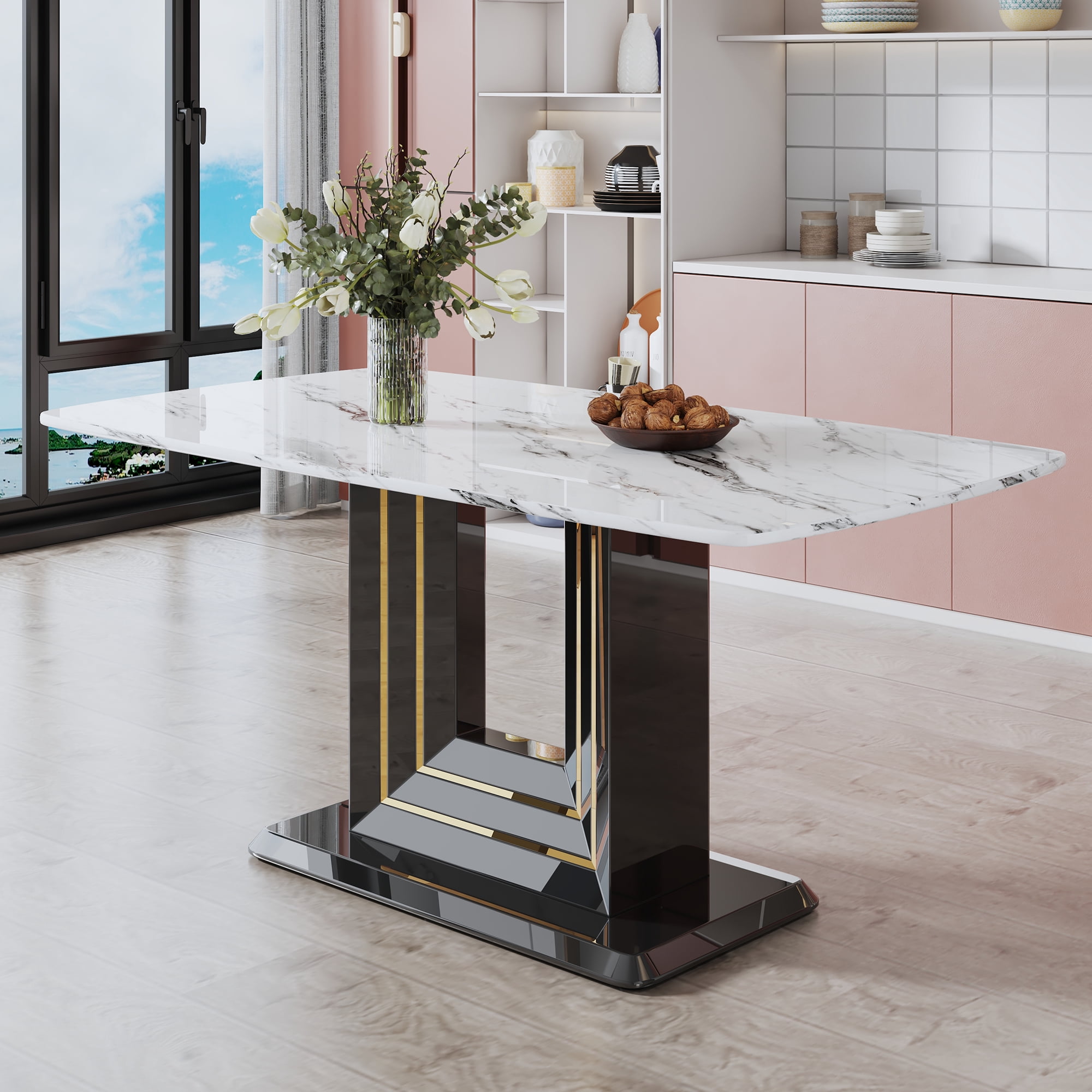 Mercase 63" Modern Faux Marble Dining Table for 6-8, Rectangular Kitchen dining room table ...