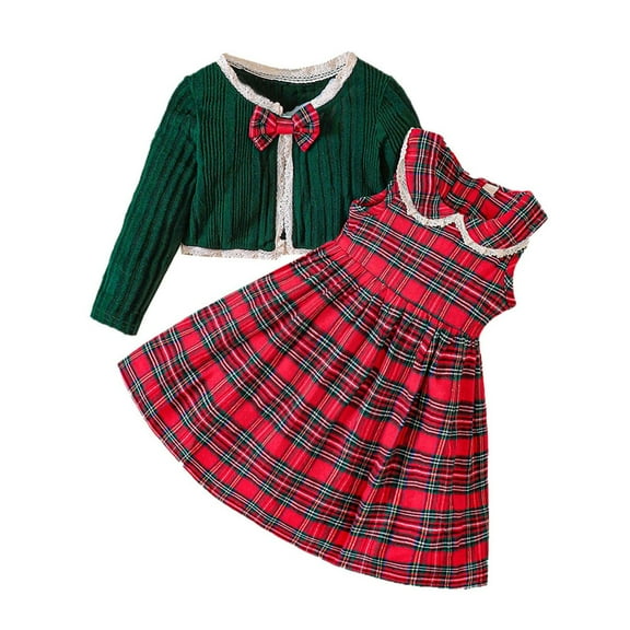 Mercatoo 2 Piece Girl Christmas Outfit Sleeveless Plaid Dress and Ribbed Cardigan Set Toddler Baby Girl Dress and Cardigan
