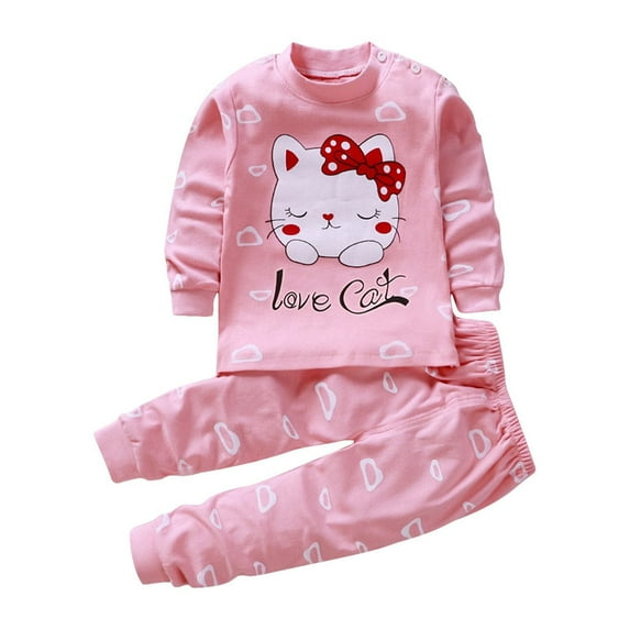 Mercatoo 2 Piece Girls 𝐏a𝐣a𝐦as Set Toddler Baby Cute Cat Cotton 𝐒leepwear Kids 𝐋oungewear Long Sleeve Pullover Top+Pants