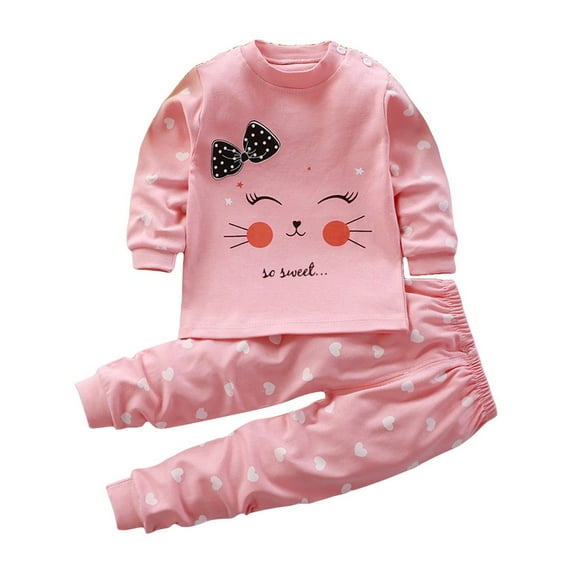Mercatoo 2 Piece Girls 𝐏a𝐣a𝐦as Set Toddler Baby Cute Cat Cotton 𝐒leepwear Kids 𝐋oungewear Long Sleeve Pullover Top+Pants