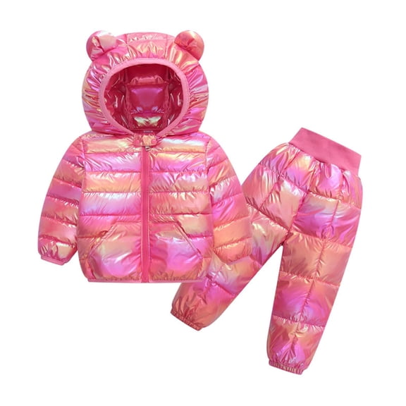 Mercatoo 2 Piece Kids Snowsuit Ski Suit Boys Girls Metallic Hooded Puffer Jacket Lightweight Packable Quilted Down Coat+Pants