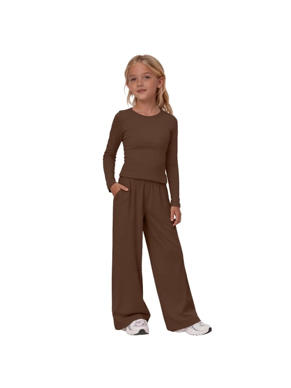2 Piece Workout Sets for Girls Side Ruching Crop Long Sleeve Tops Wide Leg Baggy Pants Kids Matching Loung1 Set with Pockets Tween Fashion Clothing Teens Casual Sweatsuits