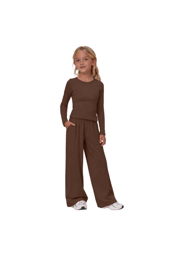 2 Piece Workout Sets for Girls Side Ruching Crop Long Sleeve Tops Wide Leg Baggy Pants Kids Matching Loung1 Set with Pockets Tween Fashion Clothing Teens Casual Sweatsuits