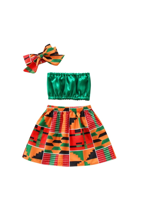 2Pcs African Toddler Girl Dashiki Ankara Outfit Crop Top African Dashiki Dress Headband Set Summer Clothes Set