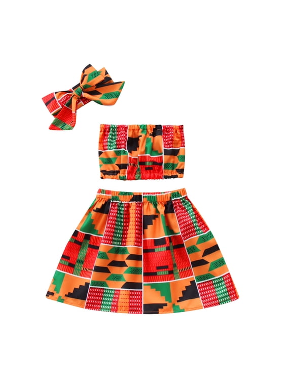 2Pcs African Toddler Girl Dashiki Ankara Outfit Crop Top African Dashiki Dress Headband Set Summer Clothes Set