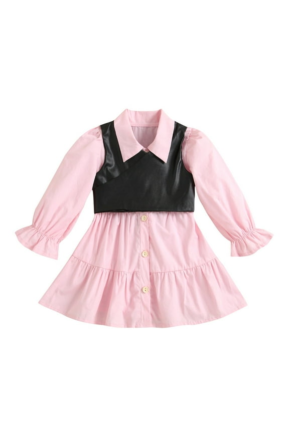 2pcs Toddler Baby Girl Shirt Dress Outfit PU Leather Vest Tops Long Sleeves Dress Tunic Clothes Set Flare Dress
