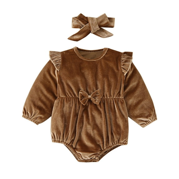 Mercatoo 2pcs Toddler Baby Girls Romper Headband Ruffles Long Sleeve Sweet Jumpsuit Fall Crushed Velvet Bodysuits