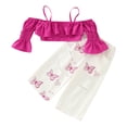 thumbnail image 1 of Mercatoo 3Pcs Toddler Baby Girl Outfit Flare Sleeve Off Shoulder Ruffled Crop Top Print Long Pant Headband Summer Clothes Set, 1 of 8