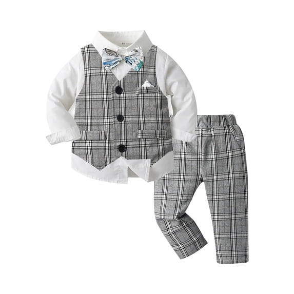 Mercatoo 4 Pcs Baby Boy Gentleman Suit Long Sleeved Cotton Shirt, Bow Tie, Vest + Pants Set Toddler Boys Gentleman Outfit