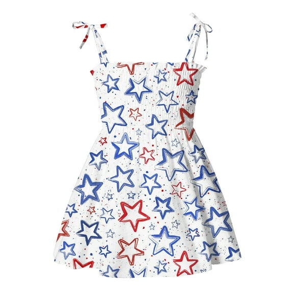 Mercatoo 4th Of July Toddler Baby Girls 𝐒mocked Suspender Dresses 𝐒tars Stripe Dress Summer Beach Princess Dress