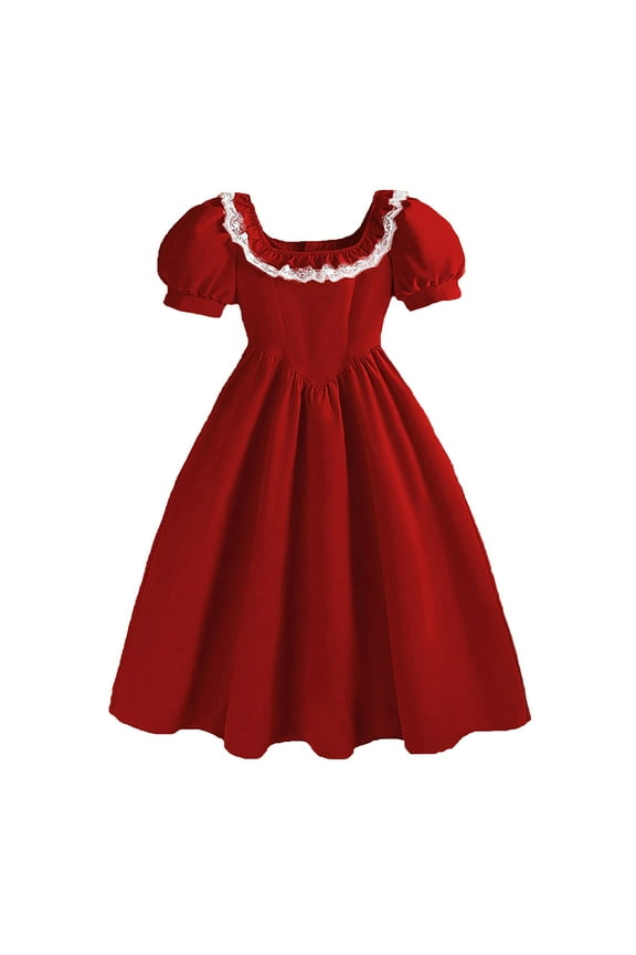 8 to 12 Years Child Girl Square Neck Bubble Short Sleeve Dress Daug𝐡ter's 𝐅ancy Thanksgiving Christmas Dresses