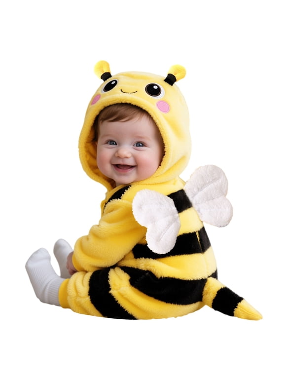 Baby Bee Costume, Fluffy Hooded Bumblebee Onesie Romper with Wings for Infant Boys Girls, Zipper Animal Jumpsuit, Cute Halloween Outfit Warm Onesie for Baby Photo Shoot