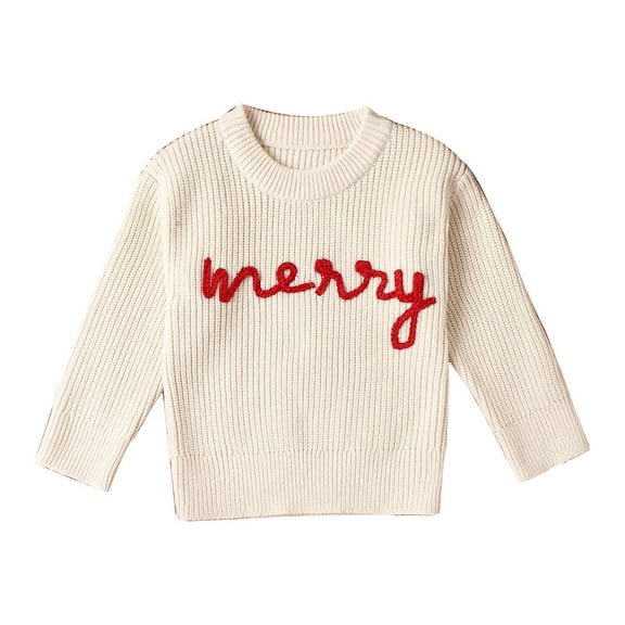 Mercatoo Baby Boys Girls Christmas Sweater 𝐕intage Merry Embroidery Toddlers Ribbed Knit 𝐂hunky Warm Pullover Sweatshirt