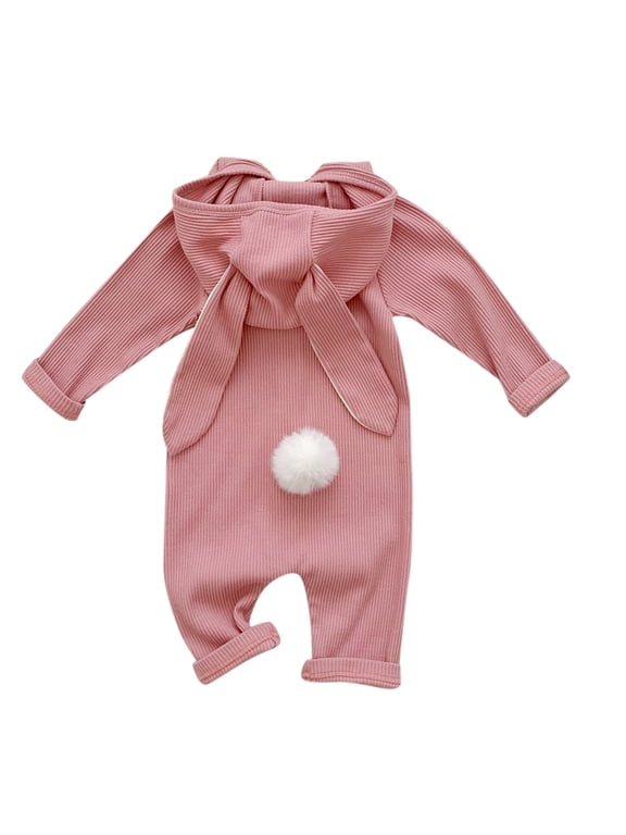 Baby Boys Girls Easter Long Sleeve Solid Romper Newborn Ribbed Cute Hooded Jumpsuit Infant Bunny Bodysuit Outfits