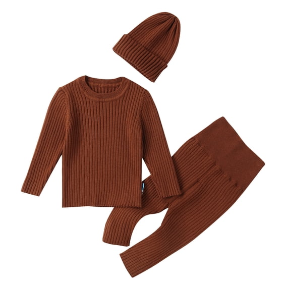 Mercatoo Baby Boys Girls Sweater Set Ribbed Elastic Knit Clothes Outfit Set Solid Long Sleeve Tops High Waist Pants Hat Set