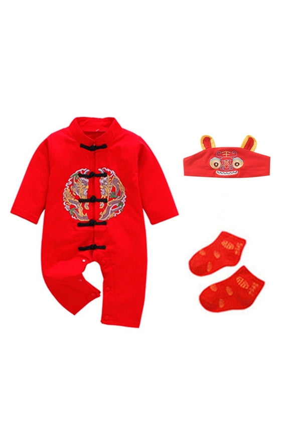 Baby Chinese New Years Tang Suit 3Pcs Boys Girls Jumpsuit Traditional Asian Romper Long Sleeve Bodysuit Outfits
