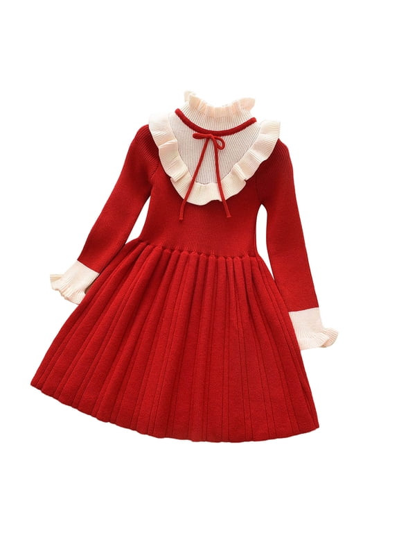 Baby Clothes Babys Kids Toddler Girls Solid Spring Winter Ruffled Long Sleeve Knit Sweater Princess Dress Clothes