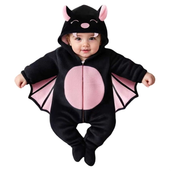 Mercatoo Baby Devil Bat Costume, Fluffy Hooded Onesie Romper with Horns and Wings for Infant Boys Girls, Zipper Jumpsuit, Halloween Outfit Warm Onesie for Baby Photo Shoot