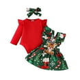 thumbnail image 1 of Mercatoo Baby Girl Christmas Clothes Set Ribbing Shirt Tops Romper Ruffle Print Suspender Dress with Bow Headband 3Pcs, 1 of 9